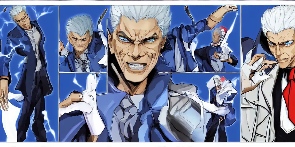 Image similar to Fusion of Barak Obama and Vergil from the game Devil May Cry in the style of Araki Hirohiko, Jojo\'s Bizarre Adventure, character design sheet