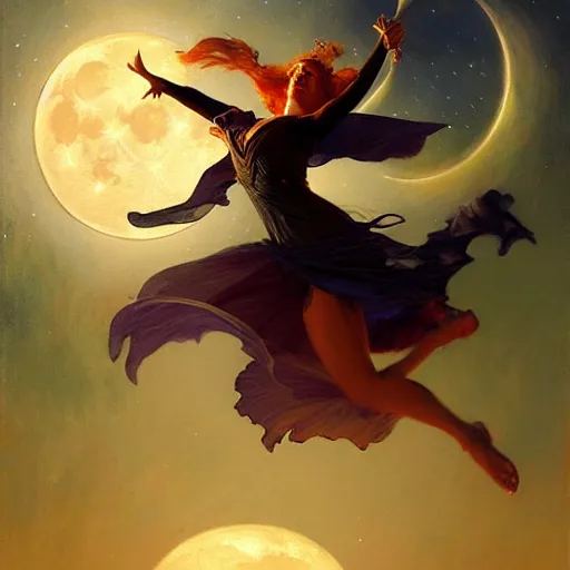 Image similar to attractive witch magically flying trough the night, fantasy, full moon in background. highly detailed painting by gaston bussiere, craig mullins, j. c. leyendecker 8 k