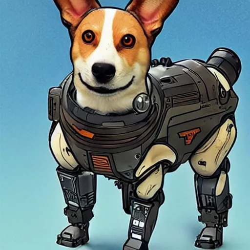 Image similar to cyborg corgi with a robotic eye and a small cannon for a tail that looks like it is from Borderlands and by Feng Zhu and Loish and Laurie Greasley, Victo Ngai, Andreas Rocha, John Harris