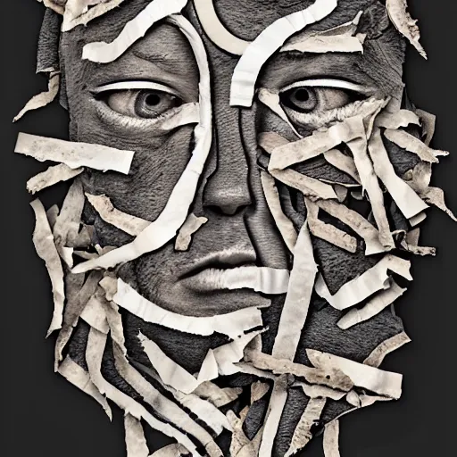 Prompt: face shredded like paper peeling, dark, surreal, illustration, by ally burke