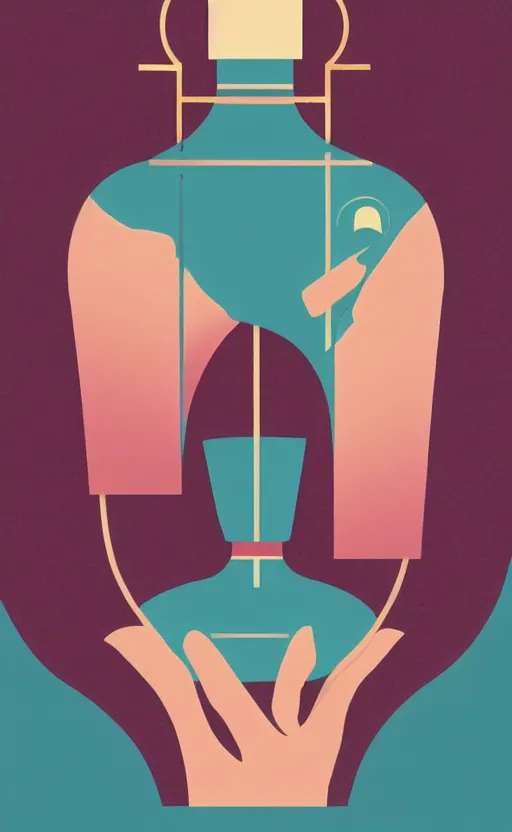 Image similar to illustration with hand holding beautiful bottle of perfume near nose, sniffing the aroma, an art deco painting by tom whalen, trending on behance, art deco, digital illustration, storybook illustration, grainy texture, flat shading, vector art, airbrush, pastel, watercolor, poster