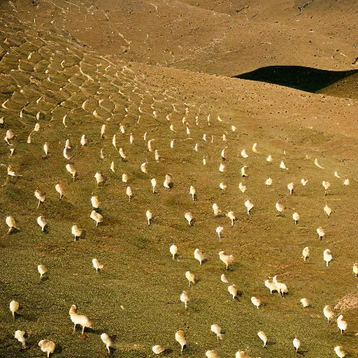 Image similar to a dreamlike landscape where all the hills are made of chicken skin and they have those little bumps and look kind of damp. Along the landscape walks a green skinned six legged camel.