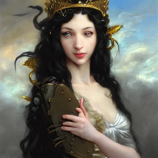 Prompt: a fantasy comic book style portrait painting of a beautiful woman with pale skin and long black hair, mystical valkyrie, francois boucher, oil painting, unreal 5, hyperrealistic, octane render, regal, refined, detailed digital art, rpg portrait, william - adolphe bouguereau, michael cheval, walt disney, steampunk, dynamic lighting, highly detailed, unreal engine