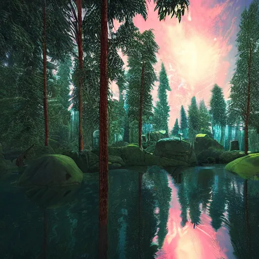 Image similar to a photo of a dream world, forest, river, red spotlight, dark lighting, reflective surface, unreal engine