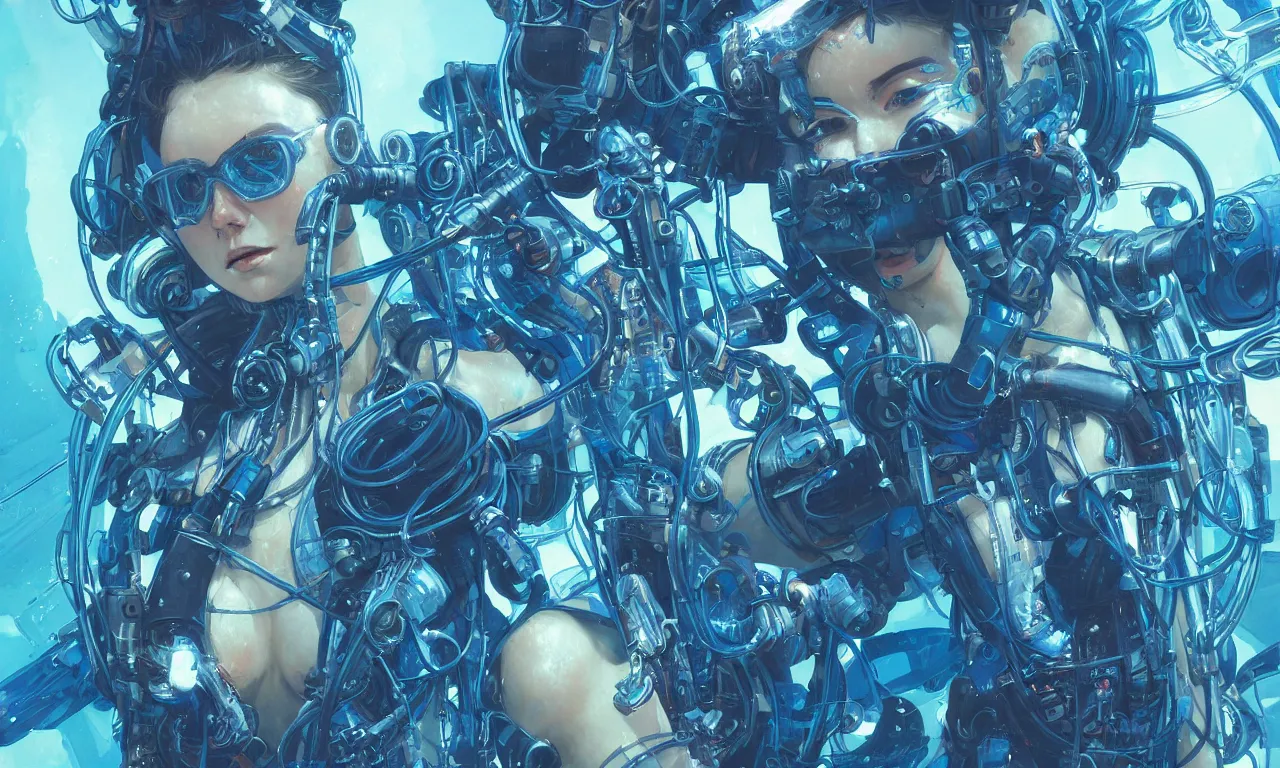 Image similar to a hyper detailed painting of a cyberpunk scuba girl, cables everywhere, blue tones, underwater, highly detailed, digital painting, artstation, concept art, smooth, sharp focus, illustration, art by artgerm and greg rutkowski and alphonse mucha