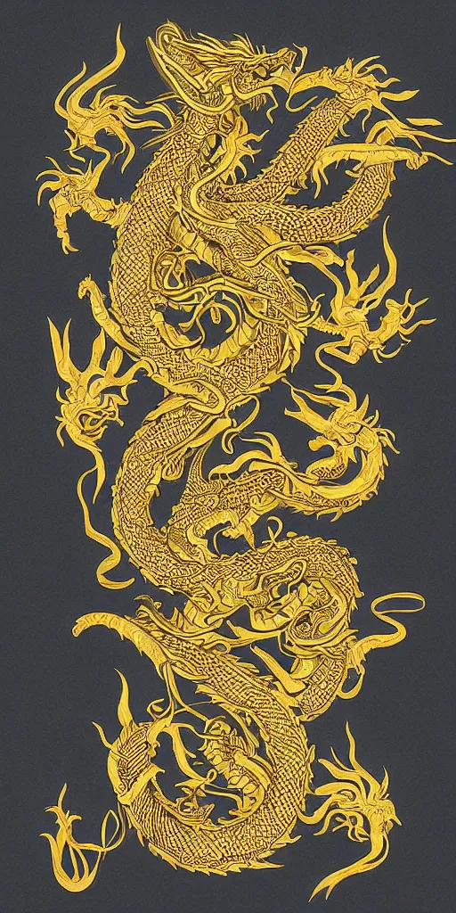 Prompt: golden paper + an intricate dragon depiction + symmetry + elaborate illustration