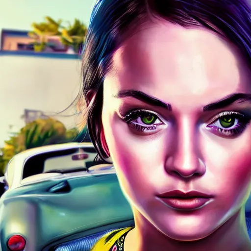 Image similar to high quality high detail girl in the style of gta 5 cover art, photorealistic lighting