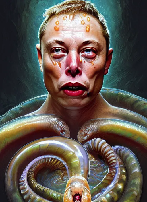 Image similar to elon musk as slimy mollusk, drool, portrait, intricate, elegant, highly detailed, digital painting, artstation, concept art, wallpaper, smooth, sharp focus, illustration, art by h. r. giger and artgerm and greg rutkowski and alphonse mucha