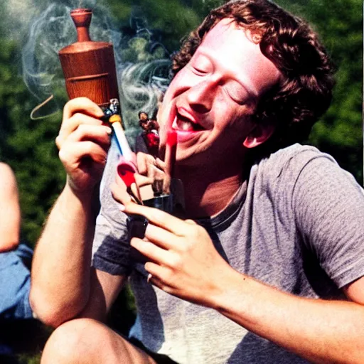 Prompt: photograph of mark zuckerberg smoking a bong at woodstock, hazy, bloodshot eyes, laughing, circa 1 9 6 9