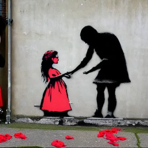 Image similar to a young girl giving flowers to a poor man by Banksy