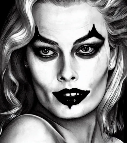 Image similar to tattoo design sketch of beautiful margot robbie portrait with joker makeup, in the style of den yakovlev, realistic face, black and white, faded edges, realism tattoo, hyper realistic, highly detailed