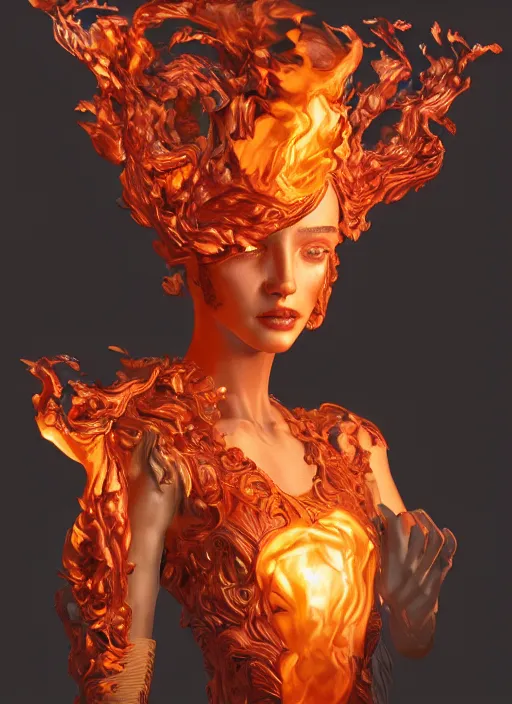 Image similar to sculpture made of flame, portrait, female, future, torch, fire, harper's bazaar, vogue, fashion magazine, intricate, concept art, close up, ornate, luxury, elite, elegant, trending on artstation, by ruan jia, by Kenneth Willardt, by ross tran, by WLOP, by Andrei Riabovitchev,