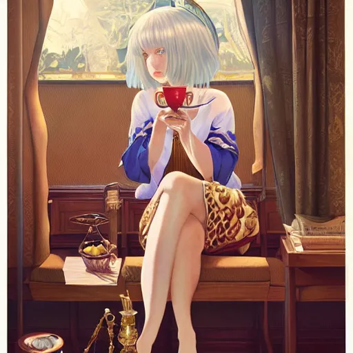 Image similar to Full body portrait of a sorceress sipping tea in her sunlit study, fantasy, digital illustration, exquisitely detailed, Ilya Kuvshinov, Hayao Miyazaki, Kazuma Kaneko