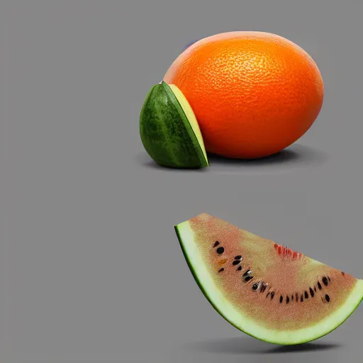 Prompt: A hybrid of an orange and a watermelon, cut in half, 35mm photography, 8k photorealism, photorealistic imagery