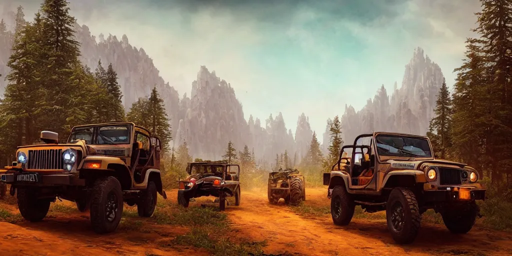 Prompt: mahindra thar, an epic fantasy, dramatic lighting, cinematic, establishing shot, extremely high detail, photorealistic, cinematic lighting, artstation, by simon stalenhag, in the style of forza horizon 5