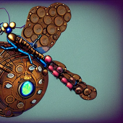 Prompt: steampunk clockwork dragonfly carrying prismatic orbs on it's back