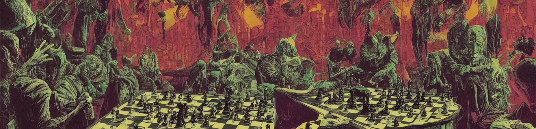 Image similar to chess set, taro deck card king and psychedelic grainshading print by moebius, richard corben, wayne barlowe, cyberpunk comic cover art, galactic dark colors
