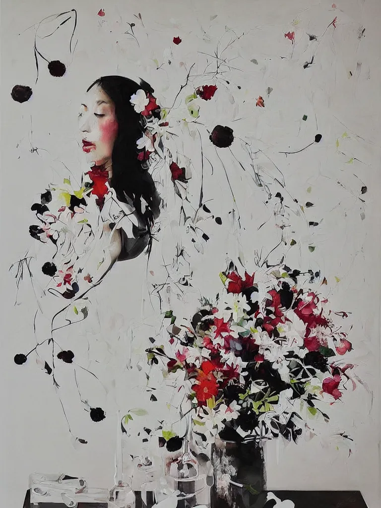 Image similar to “art in an Australian artist’s apartment, painting of a woman wearing white cotton cloth, organic, fresh berries, white wax, edible flowers, Japanese pottery, ikebana, black walls, acrylic and spray paint and oilstick on canvas”