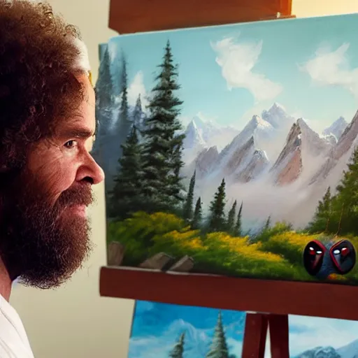 Image similar to a closeup photorealistic photograph of bob ross working on a canvas painting of deadpool. film still. brightly lit scene. mountains and trees. this 4 k hd image is trending on artstation, featured on behance, well - rendered, extra crisp, features intricate detail, epic composition and the style of unreal engine.