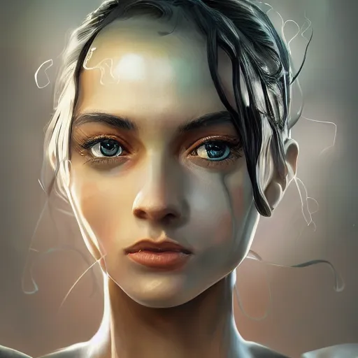 Image similar to portrait of beautiful girl with robot body, close up, portrait, cinematic, elegant, artstation, intricate, highly detailed, digital painting, artstation, concept art, sharp focus, illustration, cyberpunk, cgsociety, 8 k