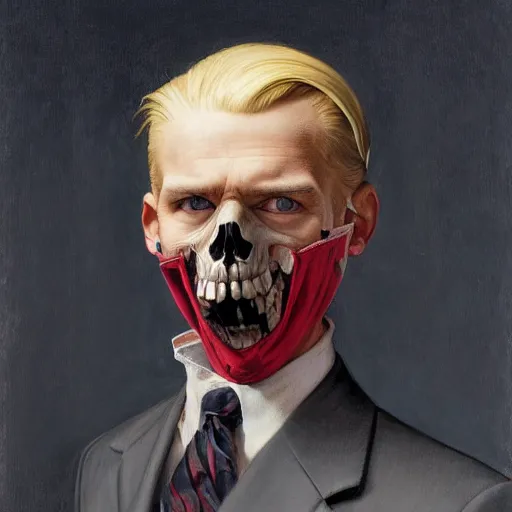 Prompt: frontal portrait of a suited blond with medical gloves and a skull face mask, by Gerald Brom and Norman Rockwell