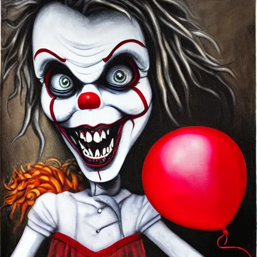 Prompt: grunge painting of david dorbik with a wide smile and a red balloon by chris leib, loony toons style, pennywise style, corpse bride style, horror theme, detailed, elegant, intricate