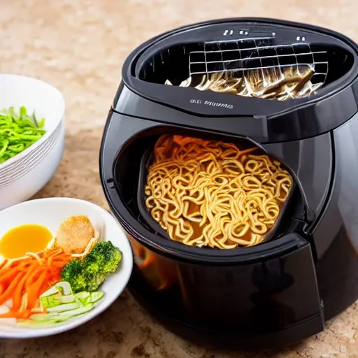 Prompt: Cooking ramen noodle soup in an airfryer, photo, kitchen interior background