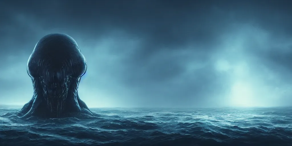 Image similar to gargantuan lovecraftian alien in the dark, timid, humidly horrific sky, floating atop a tumultuous ocean, dark blue atmosphere, vignette, beautiful lighting, shot by h. r. giger, trending on artstation, cgsociety contest winner, 4 k, 8 k