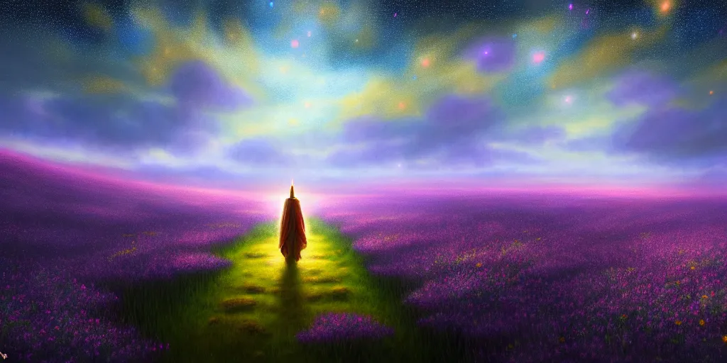 Prompt: ( hyperrealistic portrait of a flower meadow decorated with a starry sky, a war cleric in robes full of runes walks through the flower meadow ) by noah bradley, photorealistic, dynamic lighting, beautiful, trending on artstation, wallpaper, dream, 4 k, award winning, lovely pastel colors, ethereal, elegant