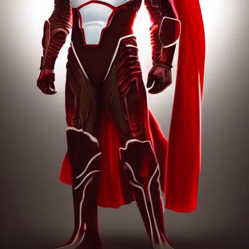 Image similar to portrait of a tall muscular infantry man in glossy sleek white armor with a few red details and a long red cape, heroic posture, deermined expression, on the surface of mars, night time, dramatic lighting, cinematic, sci-fi, hyperrealistic, movie still