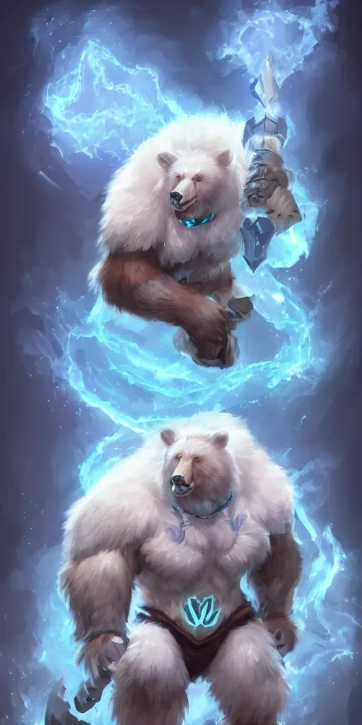 Image similar to volibear the white muscular wild bear with runes using storm on frejlord from league of legends trending on artstation bloom