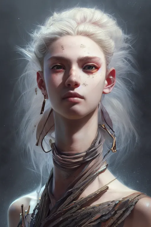 Image similar to A masterpiece portrait of a single Incredibly beautiful queer like a Syberian post apocalyptic shaman girl . medium shot, intricate, elegant, highly detailed. trending on artstation, digital art, by Stanley Artgerm Lau, WLOP, Rossdraws, James Jean, Andrei Riabovitchev, Marc Simonetti, Yoshitaka Amano