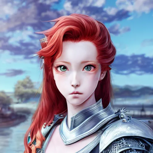 Image similar to a red haired female knight as an absurdly beautiful, elegant, young sensual anime girl, river in background, ultrafine hyperrealistic detailed face illustration by kim jung gi, irakli nadar, intricate linework, sharp focus, bright colors, matte, octopath traveler, final fantasy, unreal engine highly rendered, global illumination, radiant light, intricate environment