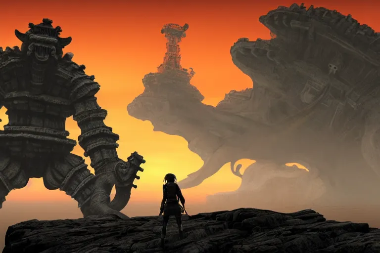 Prompt: incredible screenshot of shadow of the colossus on PS5, blinding red orange sky, dynamic camera angle, deep 3 point perspective, fish eye, dynamic extreme foreshortening of wander reaching the top of an electric squid octopus Colossus, huge ocean waves, by phil hale, ashley wood, geoff darrow, james jean, 8k, hd, high resolution print