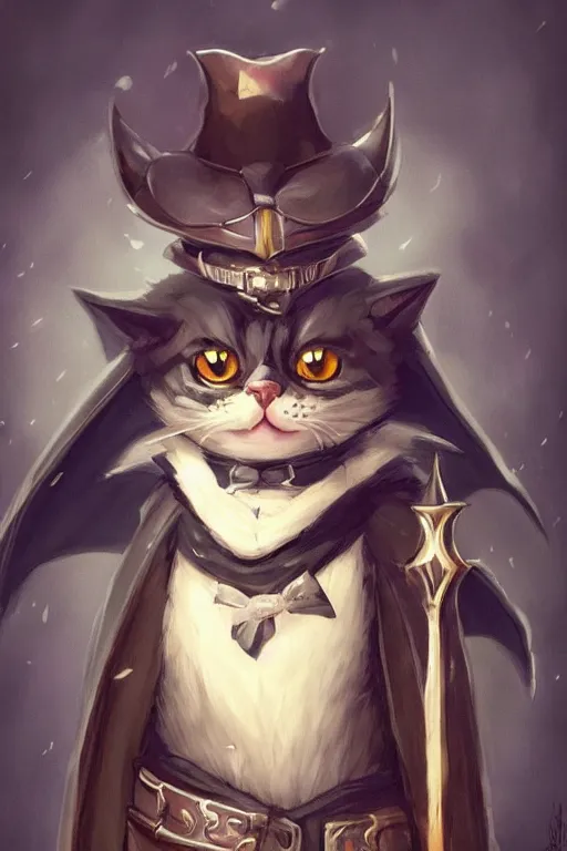 Image similar to cute anthropomorphic tuxedo cat knight wearing a cape and holding a bow, dark armor, cute and adorable, pretty, beautiful, DnD character art portrait, matte fantasy painting, DeviantArt Artstation, by Jason Felix by Steve Argyle by Tyler Jacobson by Peter Mohrbacher, cinematic lighting