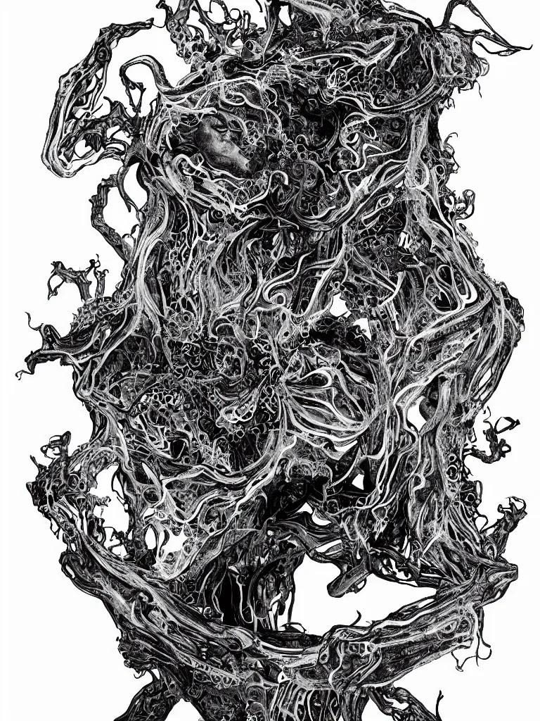 Prompt: black and white illustration creative design body horror monster