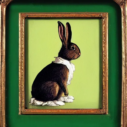 Image similar to a rabbit wearing a green cape, victorian painting