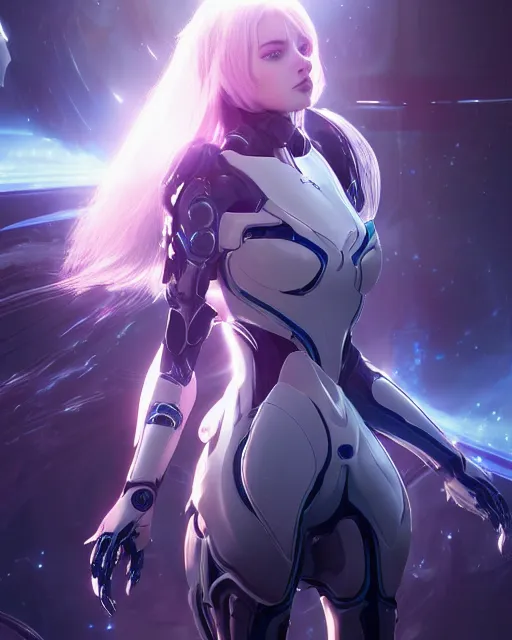 Image similar to perfect android girl on a mothership, warframe armor, beautiful face, scifi, futuristic, galaxy, nebula, raytracing, dreamy, long white hair, blue cyborg eyes, sharp focus, cinematic lighting, highly detailed, artstation, divine, by gauthier leblanc, kazuya takahashi, huifeng huang