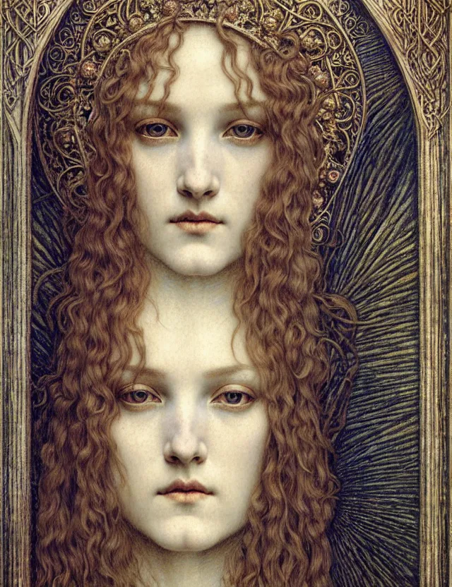 Image similar to detailed realistic beautiful young medieval queen face portrait by jean delville, gustave dore and marco mazzoni, art nouveau, symbolist, visionary, gothic, pre - raphaelite. horizontal symmetry