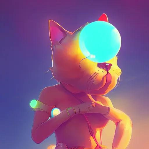 Image similar to a cat with a neon balloon in the ocean | hyperrealistic digital painting by makoto shinkai, ilya kuvshinov, lois van baarle, rossdraws | afrofuturism in the style of hearthstone and overwatch, trending on artstation