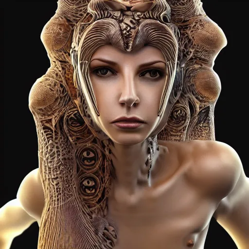 Image similar to biomechanical gina gerson chimera, goddess, chimeric organism, pale skin, organic polycarbon, full frontal, portrait, highly detailed, transhumanist, mendelbrot fractal, ray tracing, photorealistic, cyberpope, hyperdetailed, hyperrealistic, trending on artstation, oppai cyberpunk, octane render, hdr, uhd 4k