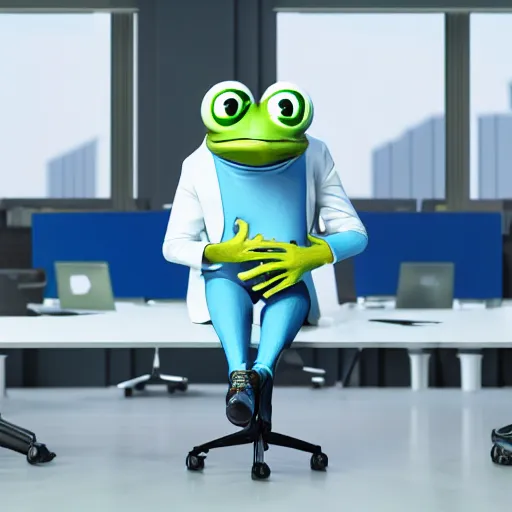 Image similar to Octane render professional portrait of an anthropomorphic blue frog wearing a suit sitting in an office, 8k, very intricate, very detailed,