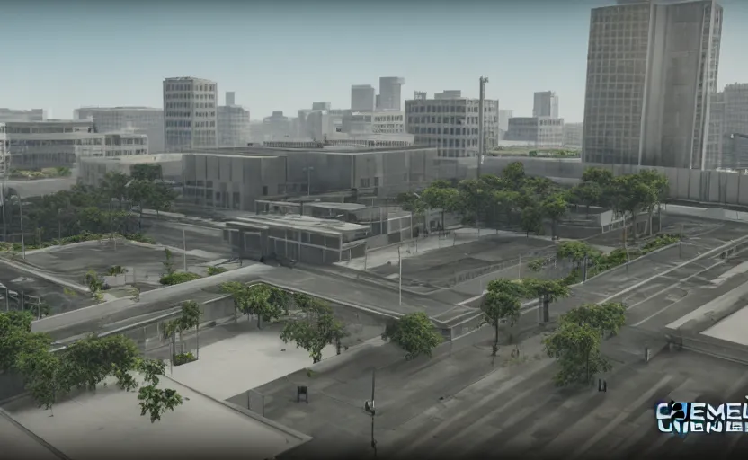 Prompt: screenshot of game on unreal engine 5, a large government building with a security checkpoint, no windows, garden terraces, inner city, photorealistic, retrofuturism, brutalism, minimalist, soft vintage glow