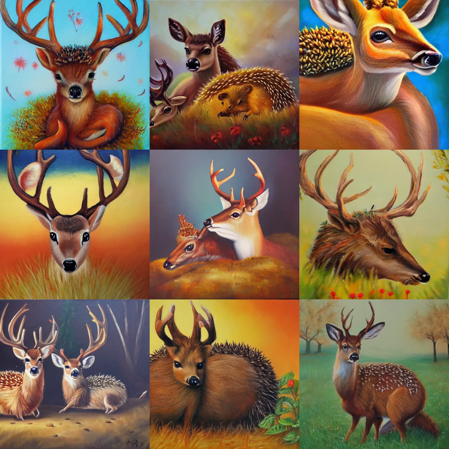 Prompt: a deer, a hedgehog sitting on the deer's head, warm colors, cute, oil on canvas, romantic, warm, realistic