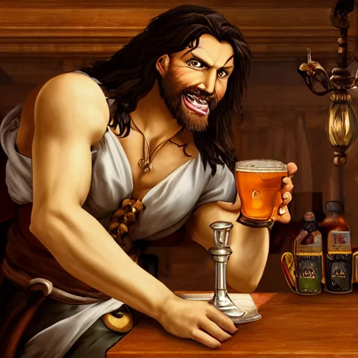 Prompt: Beautiful renaissance style painting of Trevor Belmont from Castlevania, enjoying a pint of ale at a tavern, HDR, happily smiling at the camera, holding the pint of ale, sitting at the bar, warm lantern lighting.