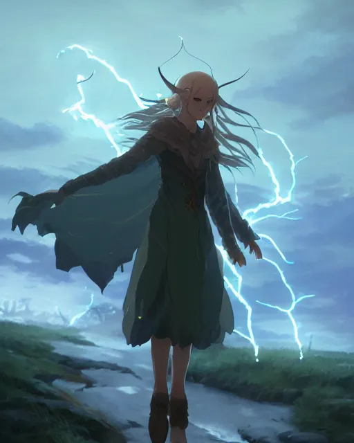 Image similar to concept art of a powerful elvish druid summoning a lightning storm, key visual, ambient lighting, highly detailed, digital painting, artstation, concept art, sharp focus, by makoto shinkai and akihiko yoshida and hidari and wlop