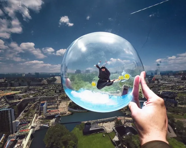 Image similar to filthy gamer floating gently down from the sky in a plastic wrapped bubble. aerial footage. he is wearing a gameboy on his hands.