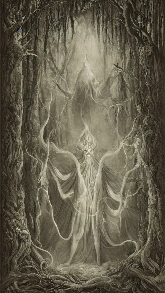 Image similar to mystical figure in occult robes in a dark misty forest opens a portal to hell, highly detailed, epic