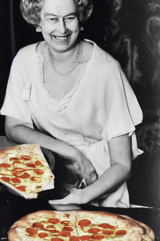 Image similar to historical photo of queen margherita ( savoy ) smiling seductively at her pizza margherita, closeup photo, portrait photo, diffuse light, acclaimed masterpiece
