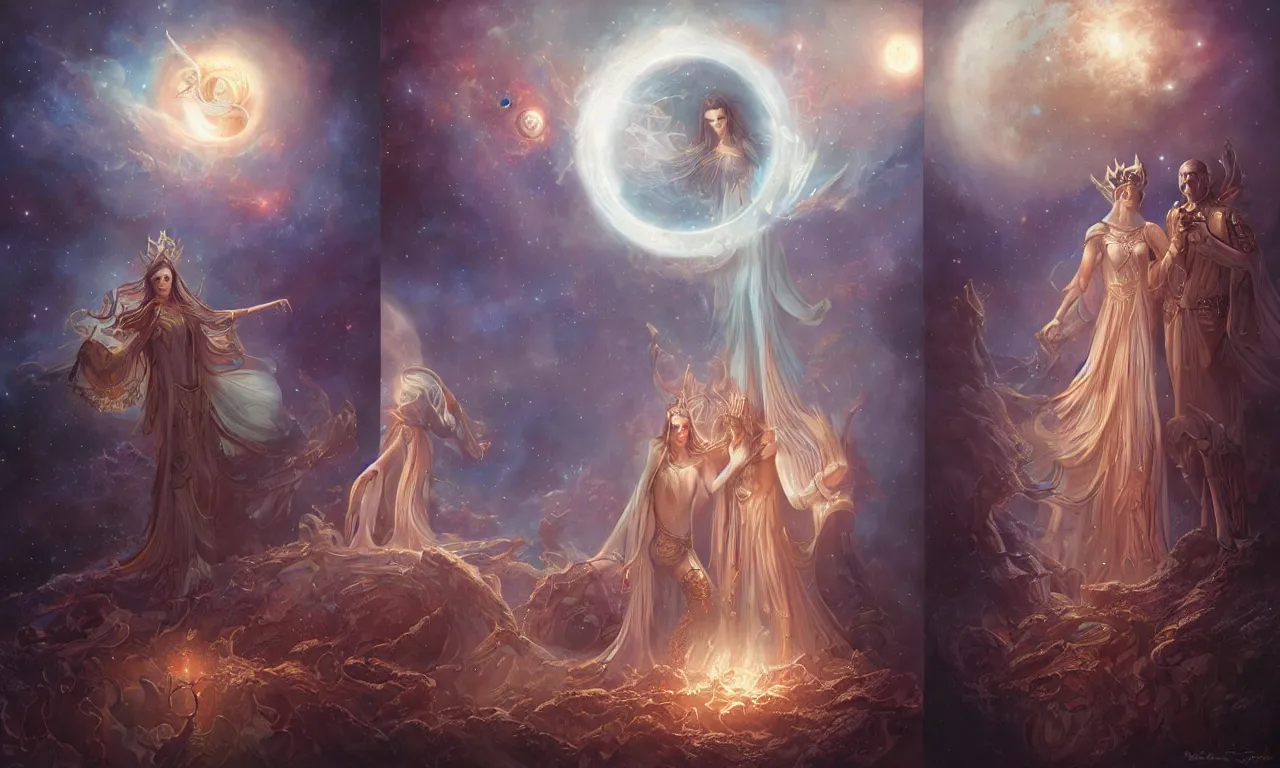 Prompt: sun king and moon queen in the cosmic court of mystical astronomy, art by tom bagshaw and marc simonetti